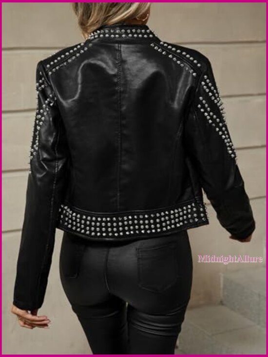 Faux Leather Moto Jacket with Stud Details, Stand Collar, Casual Biker Style - Picture 4 of 7